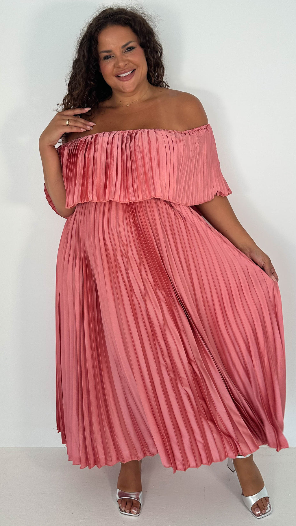 CurveWow Pleated Bardot Maxi Dress Blush