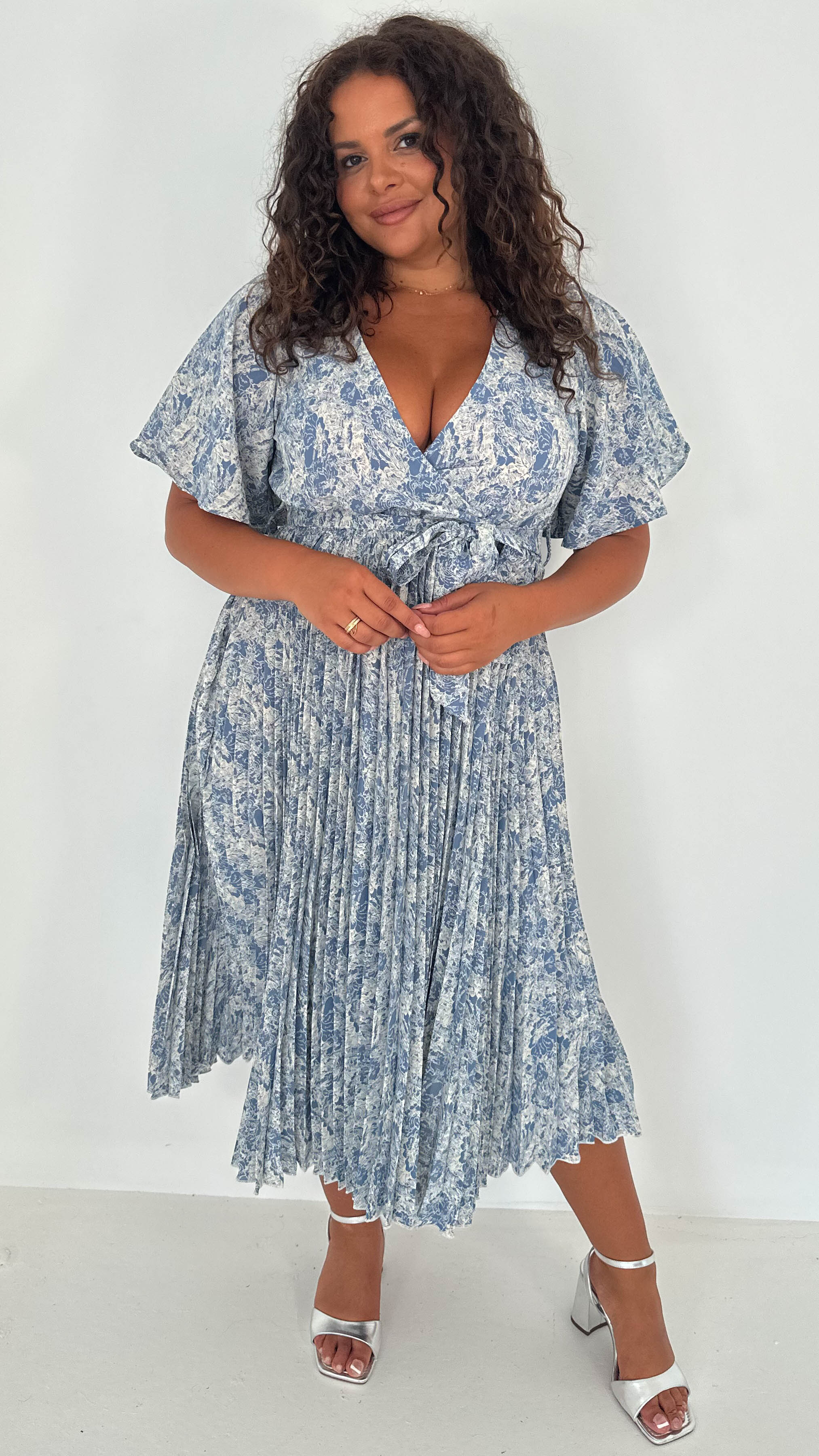 CurveWow Wrap Angel Sleeve Pleated Midi Dress Blue
