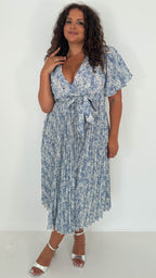 CurveWow Wrap Angel Sleeve Pleated Midi Dress Blue