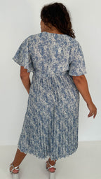 CurveWow Wrap Angel Sleeve Pleated Midi Dress Blue