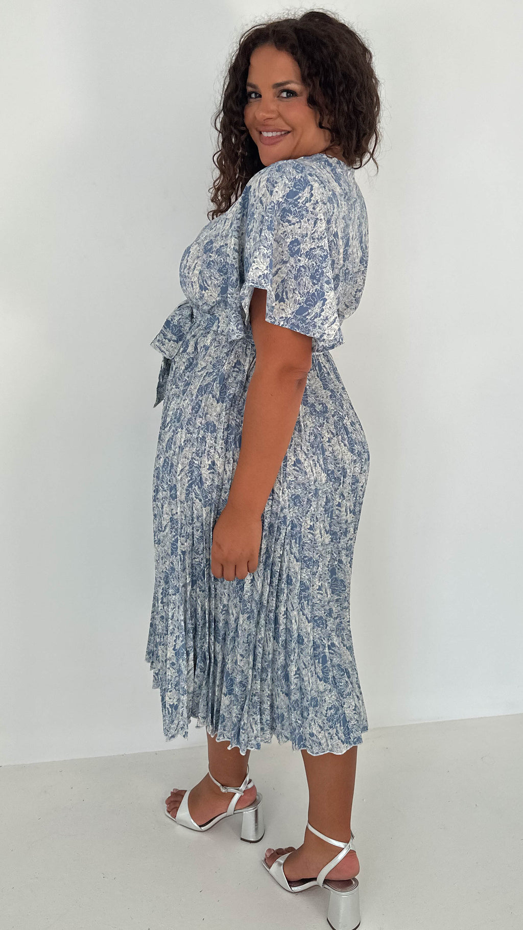 CurveWow Wrap Angel Sleeve Pleated Midi Dress Blue