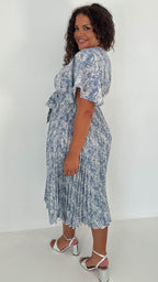 CurveWow Wrap Angel Sleeve Pleated Midi Dress Blue
