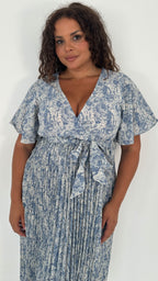 CurveWow Wrap Angel Sleeve Pleated Midi Dress Blue