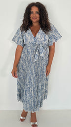 CurveWow Wrap Angel Sleeve Pleated Midi Dress Blue
