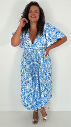 CurveWow Short Sleeve Pleated Wrap Dress Blue Print