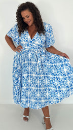 CurveWow Short Sleeve Pleated Wrap Dress Blue Print