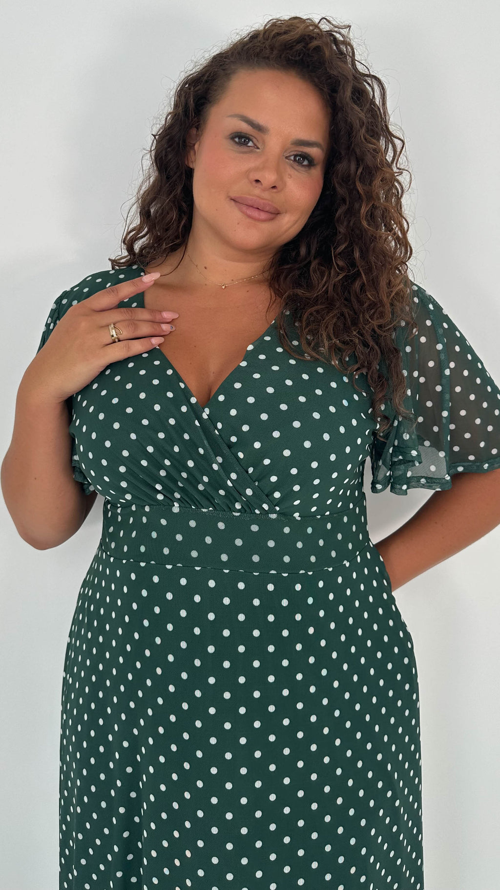 CurveWow Mesh Angel Sleeve Dress Green Spot