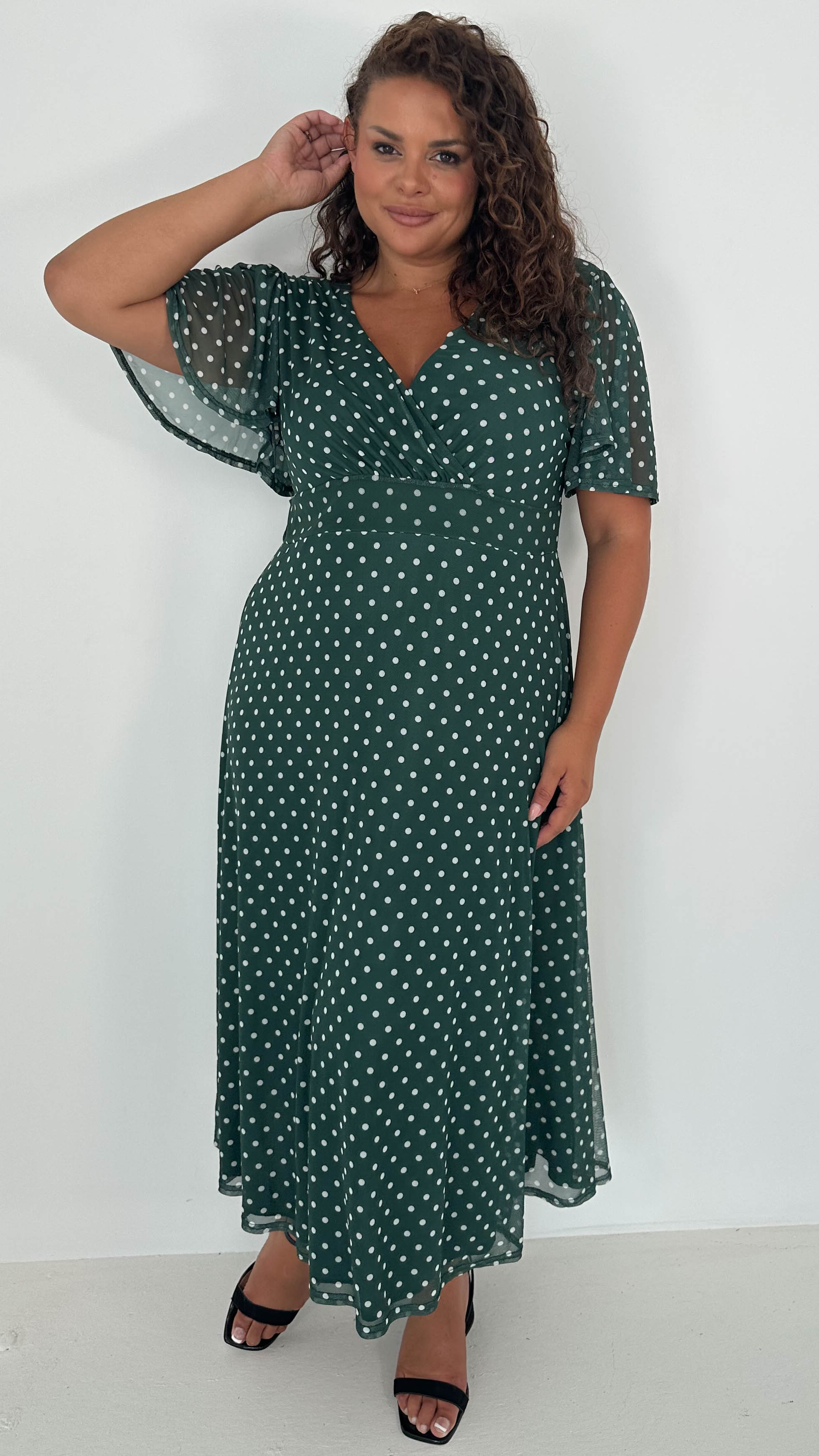 CurveWow Mesh Angel Sleeve Dress Green Spot