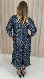CurveWow 3/4 Balloon Sleeve Wrap Midi Dress Black & Purple Floral