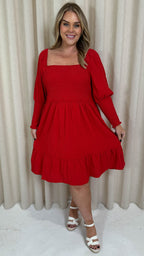 CurveWow Seersucker Puff Sleeve Dress Bright Red