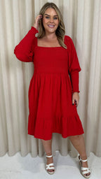 CurveWow Seersucker Puff Sleeve Dress Bright Red