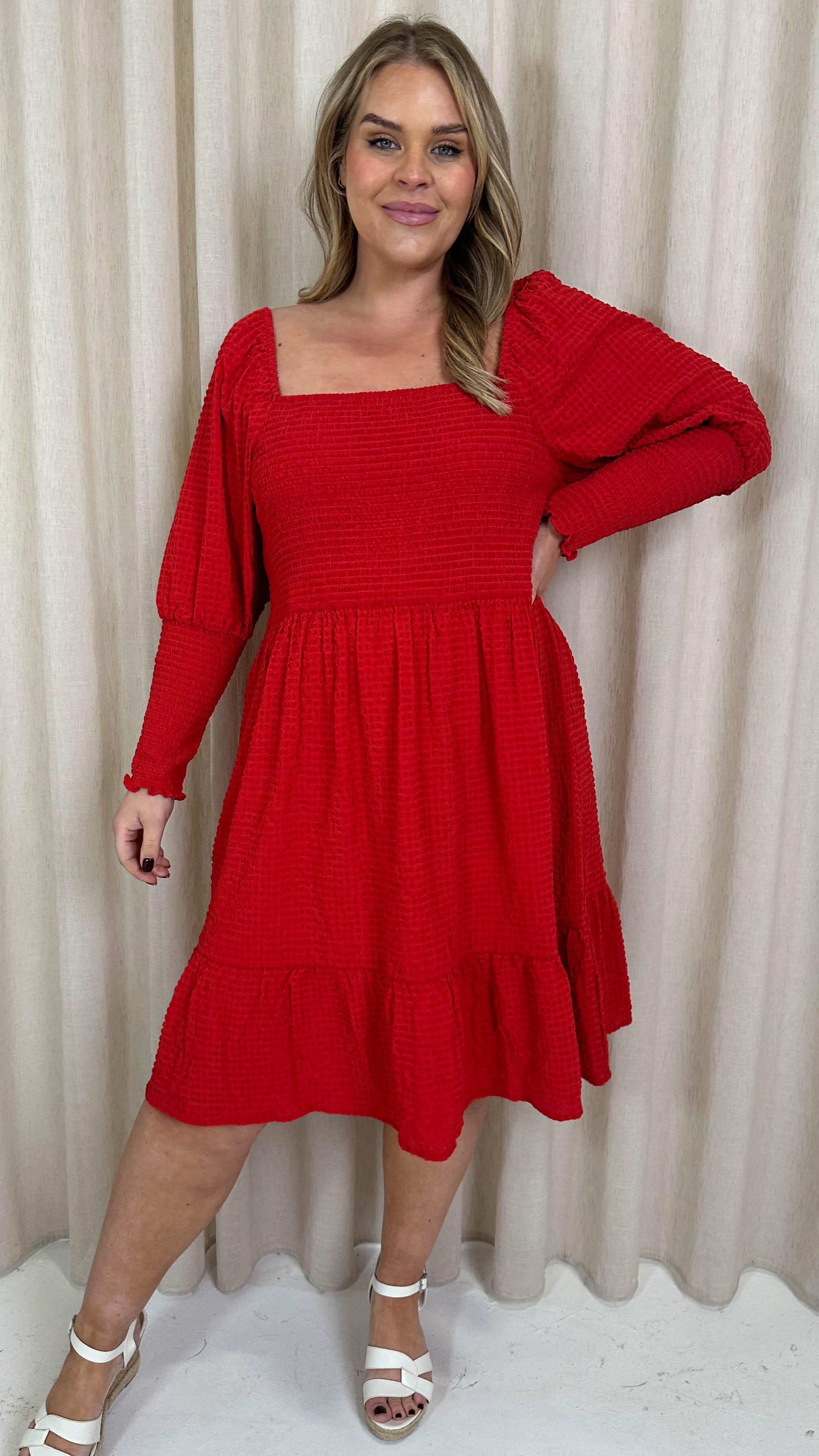 CurveWow Seersucker Puff Sleeve Dress Bright Red