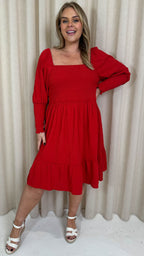 CurveWow Seersucker Puff Sleeve Dress Bright Red