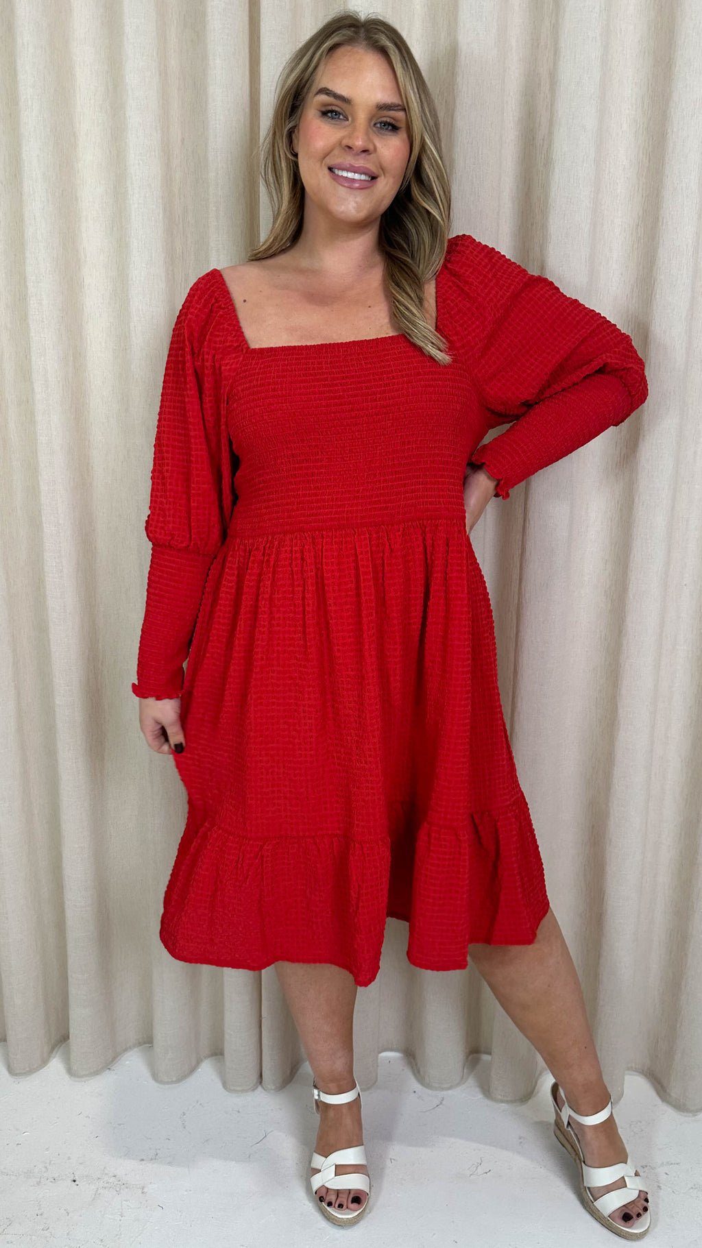CurveWow Seersucker Puff Sleeve Dress Bright Red