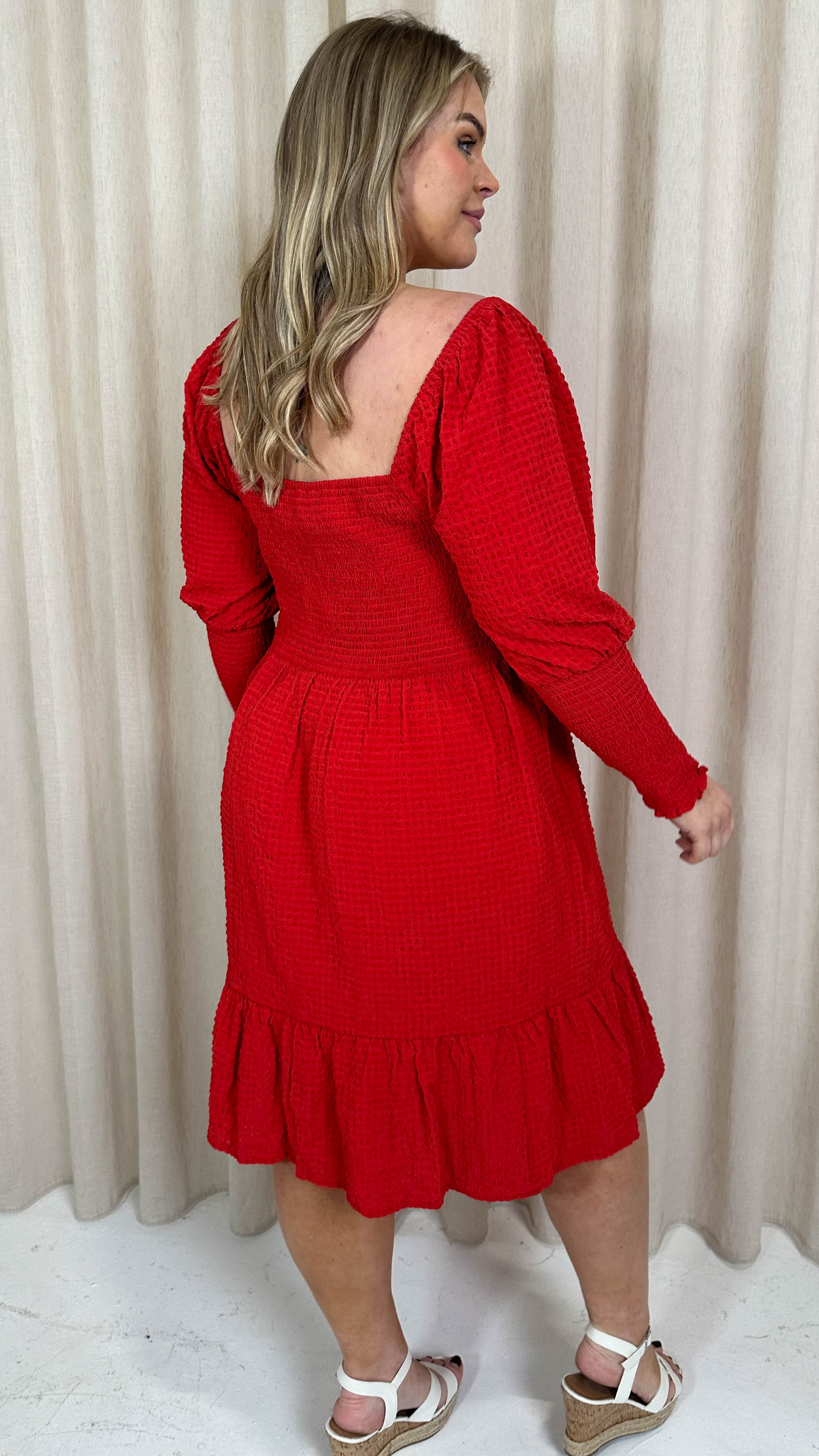 CurveWow Seersucker Puff Sleeve Dress Bright Red