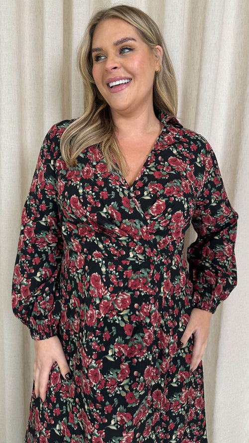 CurveWow Collared Wrap Printed Maxi Dress Black & Red Floral