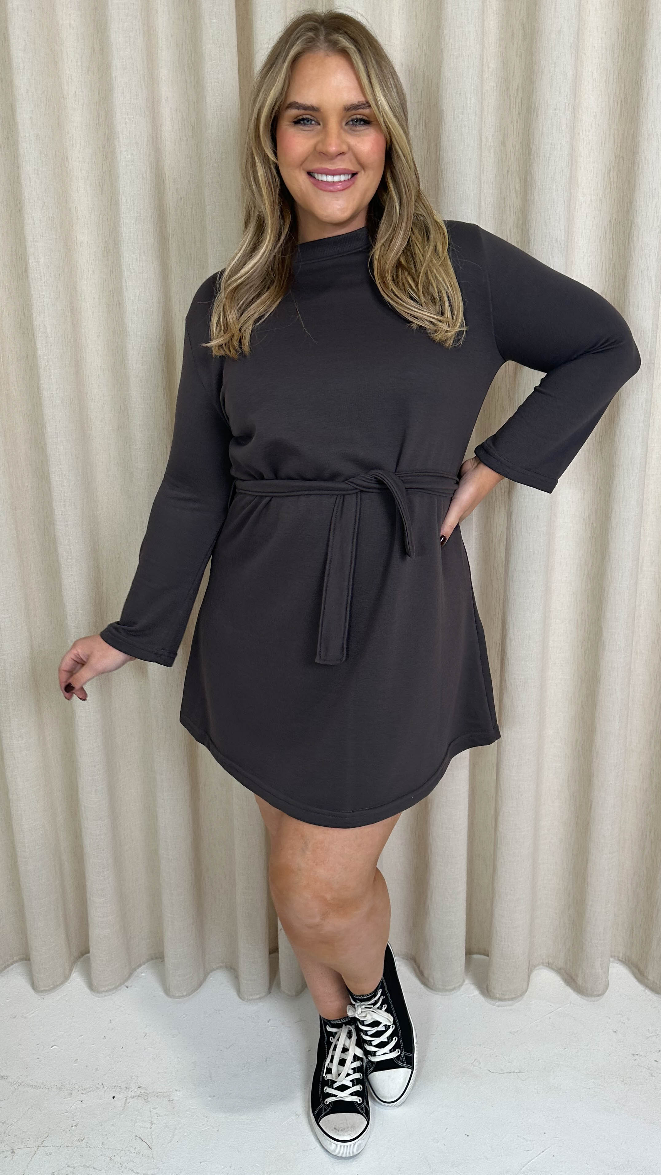 CurveWow Belted Swing Dress Charcoal