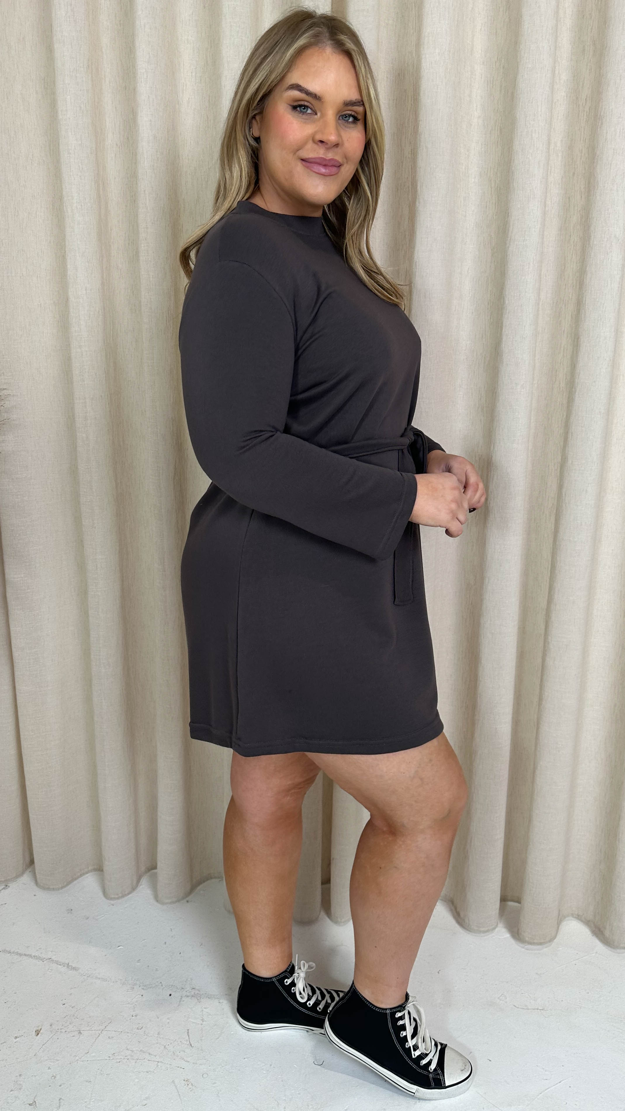 CurveWow Belted Swing Dress Charcoal