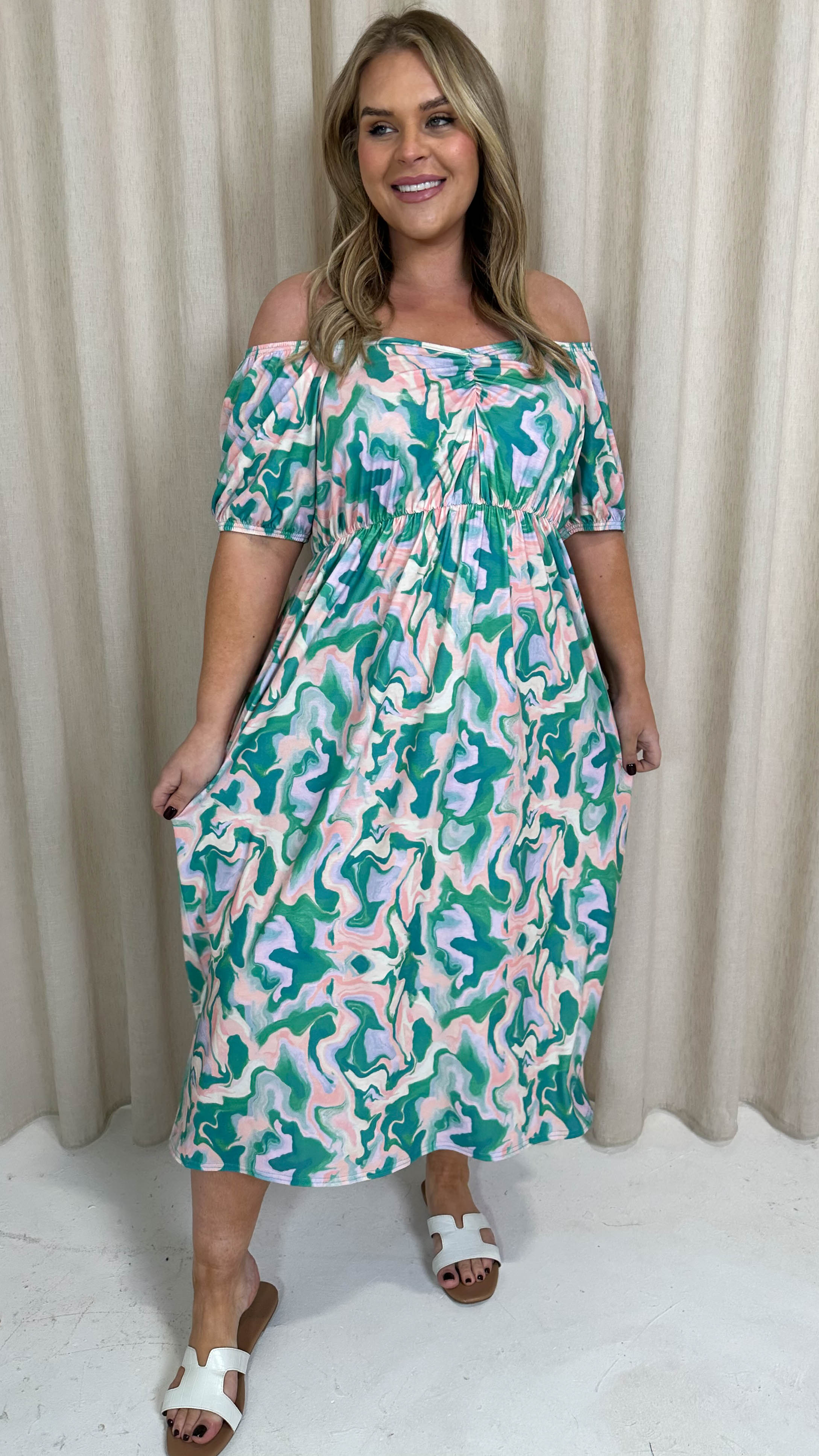 CurveWow Ruched Front Milk Maid Midi Dress Green Marble