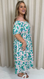 CurveWow Ruched Front Milk Maid Midi Dress Green Marble