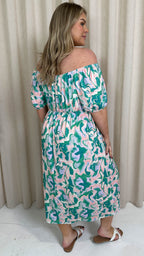 CurveWow Ruched Front Milk Maid Midi Dress Green Marble