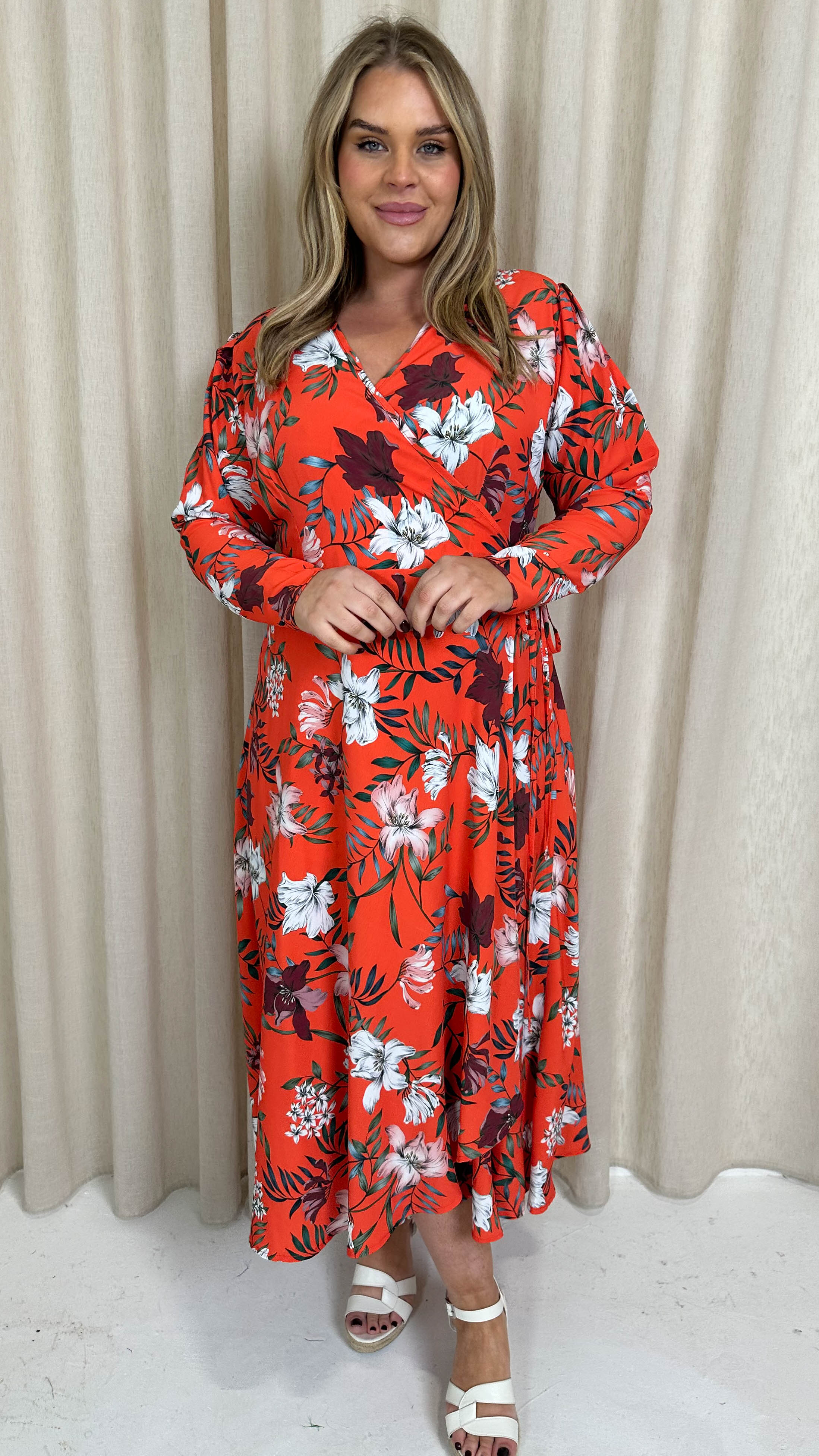 CurveWow Long Sleeve Wrap Dress Red Floral