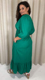 CurveWow Ruched Vneck Tiered Maxi Dress Green