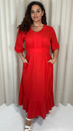CurveWow Ruched Vneck Tiered Hem Maxi Dress Red