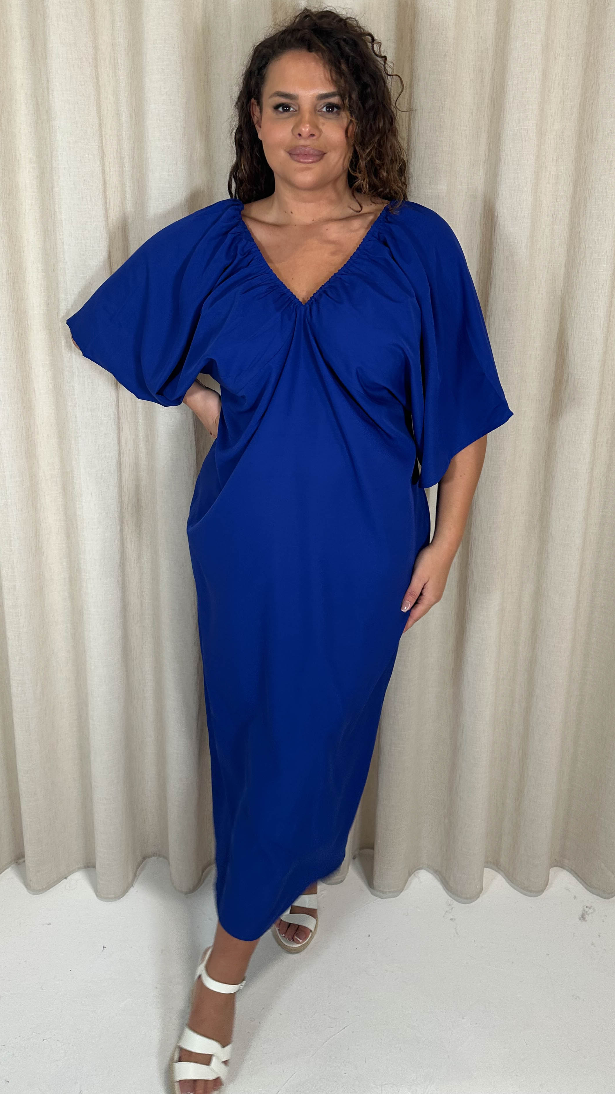 CurveWow Balloon Sleeve Kimono Midi Dress Blue