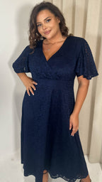 CurveWow Lace Angel Sleeve Dress Navy
