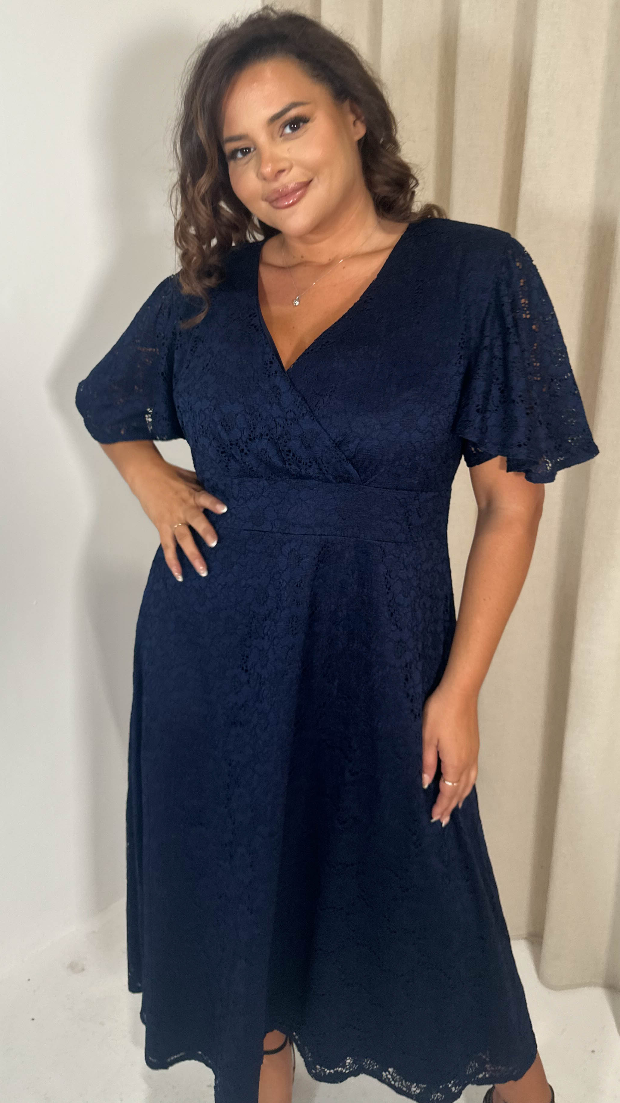 CurveWow Lace Angel Sleeve Dress Navy