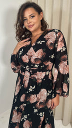 CurveWow Ring Waist V Neck Midaxi Dress Black Floral