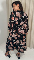 CurveWow Ring Waist V Neck Midaxi Dress Black Floral