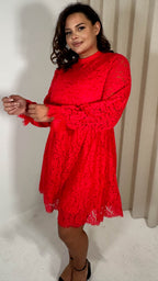 CurveWow Lace Keyhole Shift Dress Red