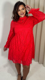 CurveWow Lace Keyhole Shift Dress Red