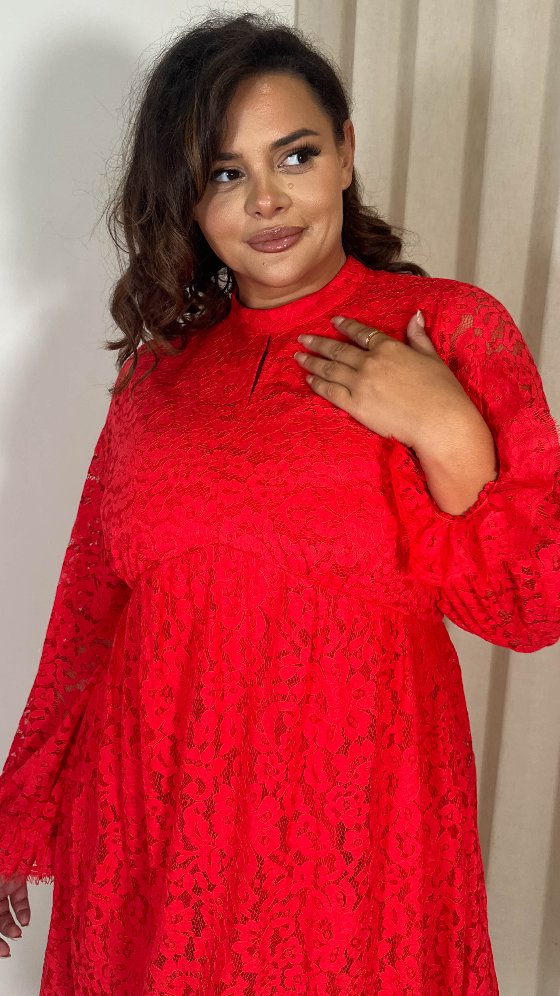 CurveWow Lace Keyhole Shift Dress Red