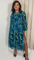 CurveWow Ring Waist V Neck Midi Dress Green Floral