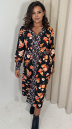 CurveWow V-Neck Spliced Floral Midi Dress Red & Orange Floral