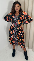 CurveWow V-Neck Spliced Floral Midi Dress Red & Orange Floral
