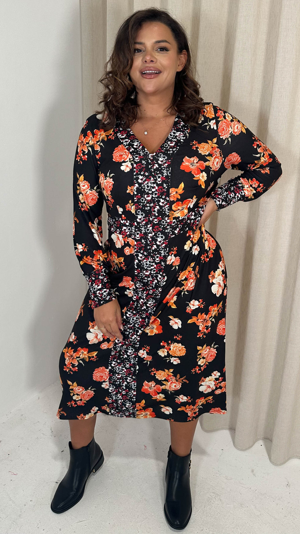 CurveWow V-Neck Spliced Floral Midi Dress Red & Orange Floral