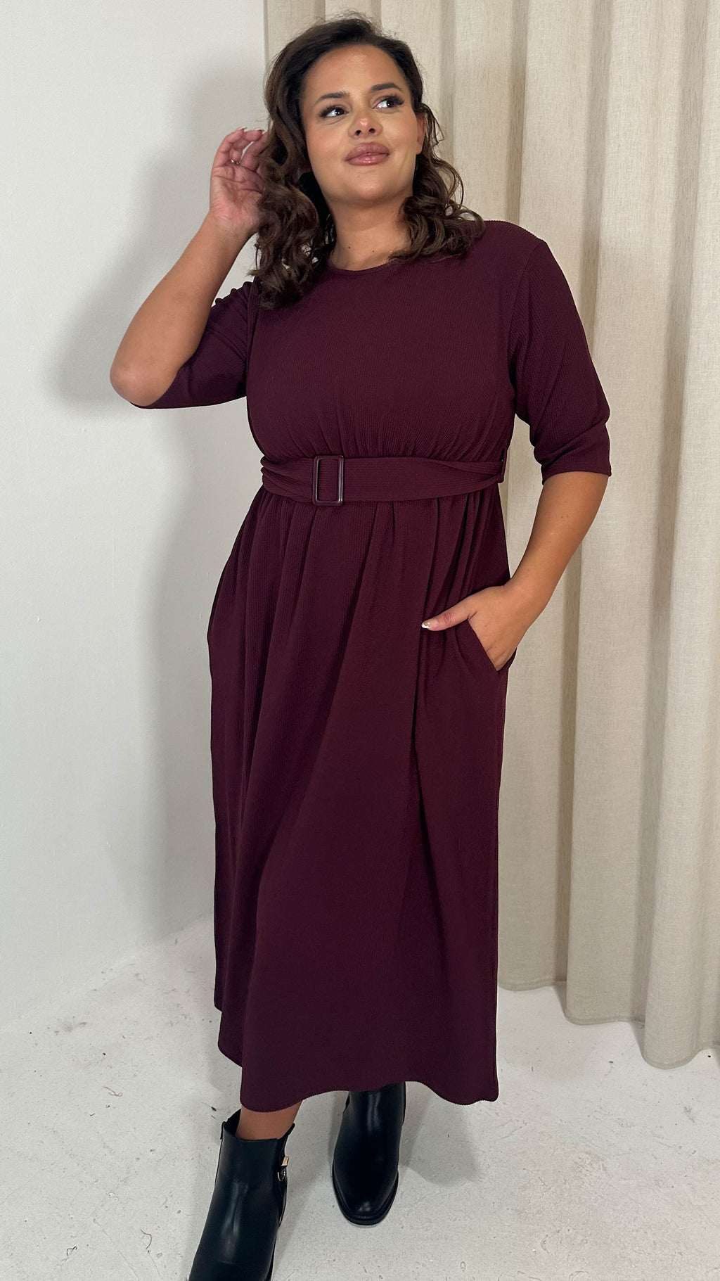 CurveWow Textured Elbow Sleeve Belted Pocket Midi Dress Wine