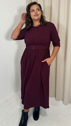 CurveWow Textured Elbow Sleeve Belted Pocket Midi Dress Wine