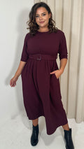 CurveWow Textured Elbow Sleeve Belted Pocket Midi Dress Wine