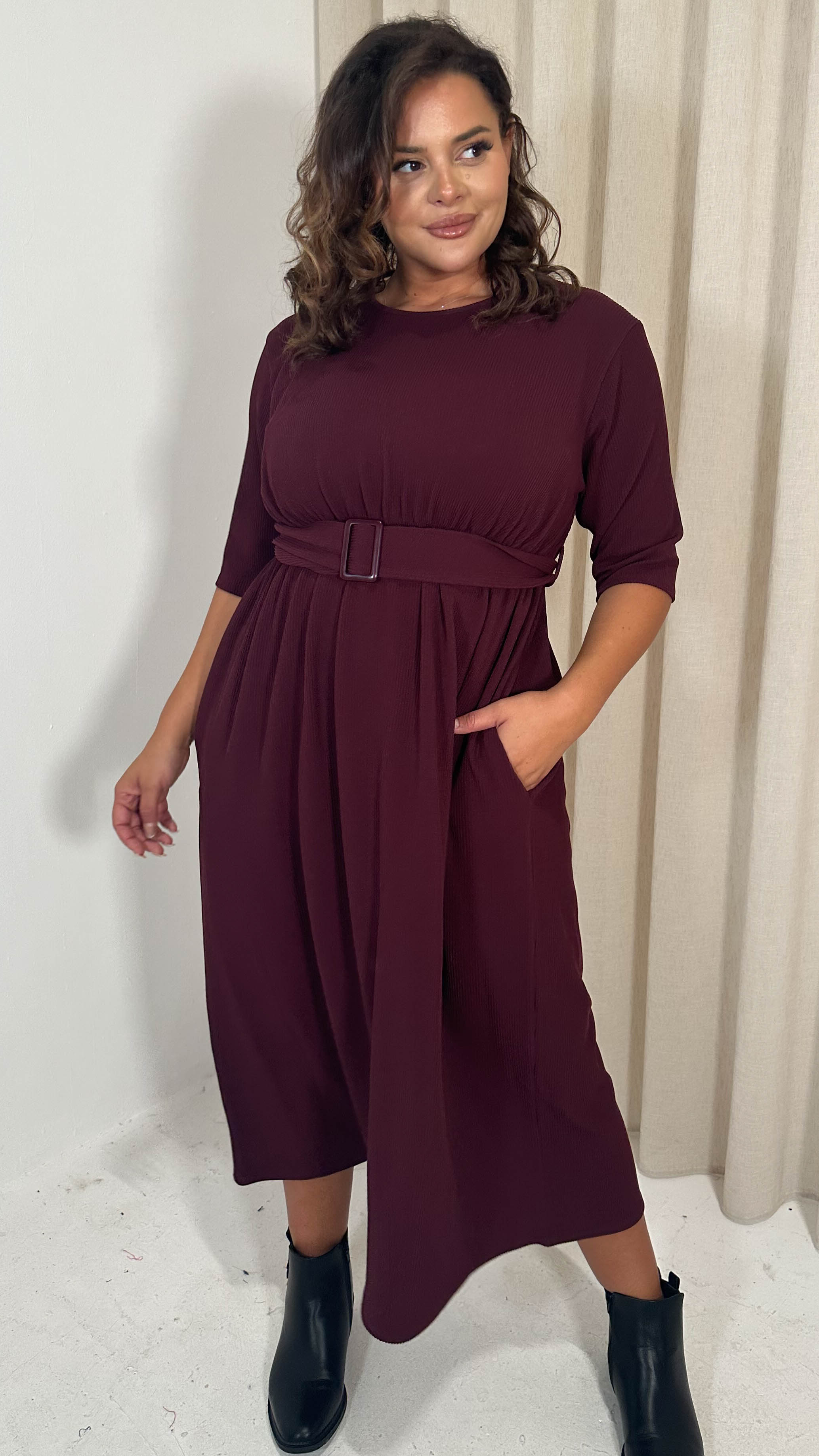 CurveWow Textured Elbow Sleeve Belted Pocket Midi Dress Wine