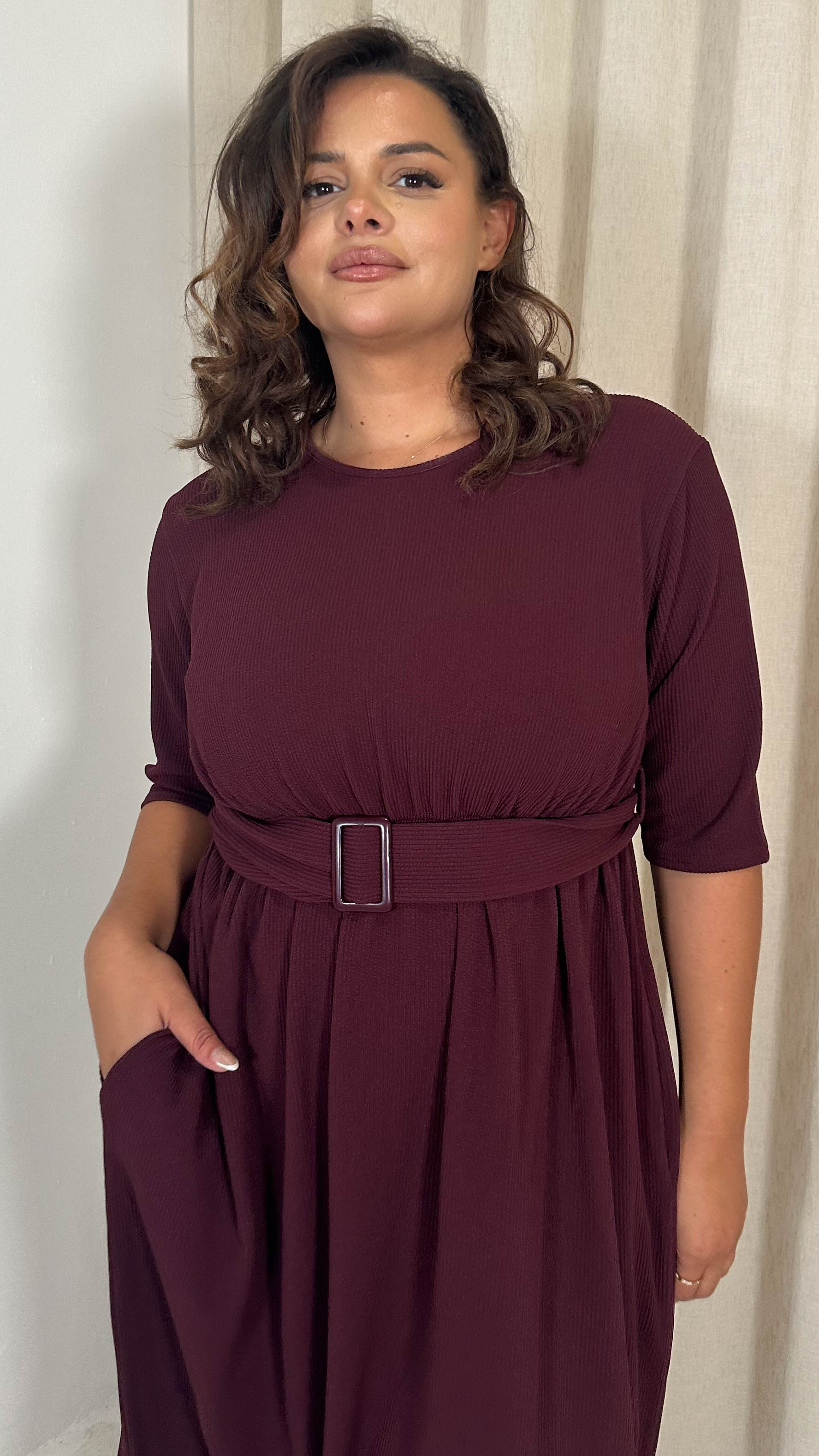 CurveWow Textured Elbow Sleeve Belted Pocket Midi Dress Wine