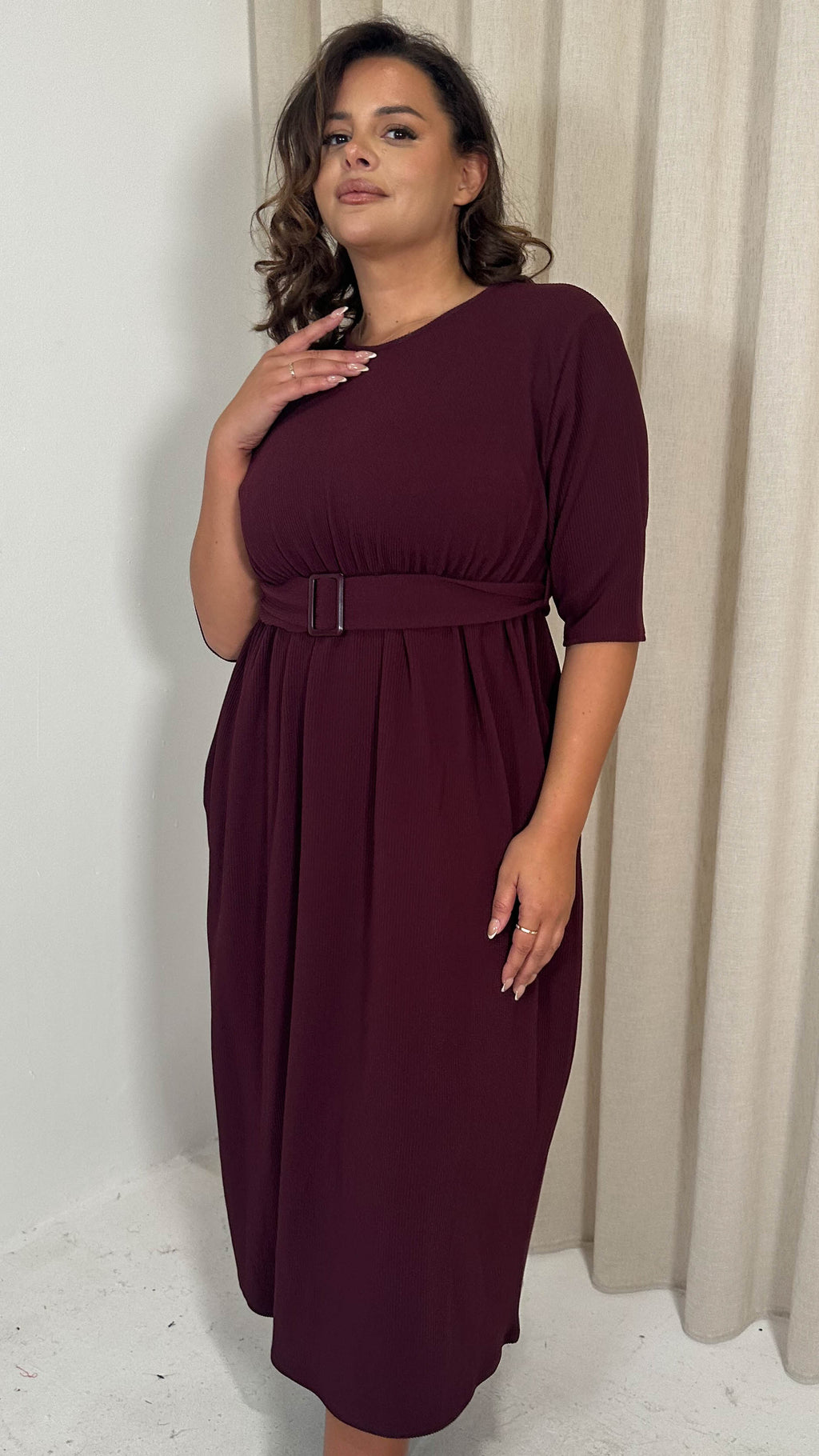 CurveWow Textured Elbow Sleeve Belted Pocket Midi Dress Wine