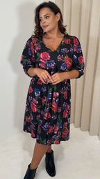 CurveWow V Neck Smock Dress Black Floral