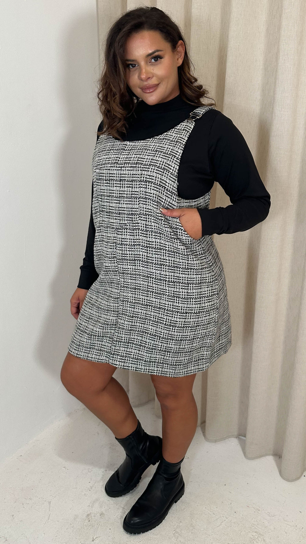 CurveWow Check Pinafore Dress Black & White
