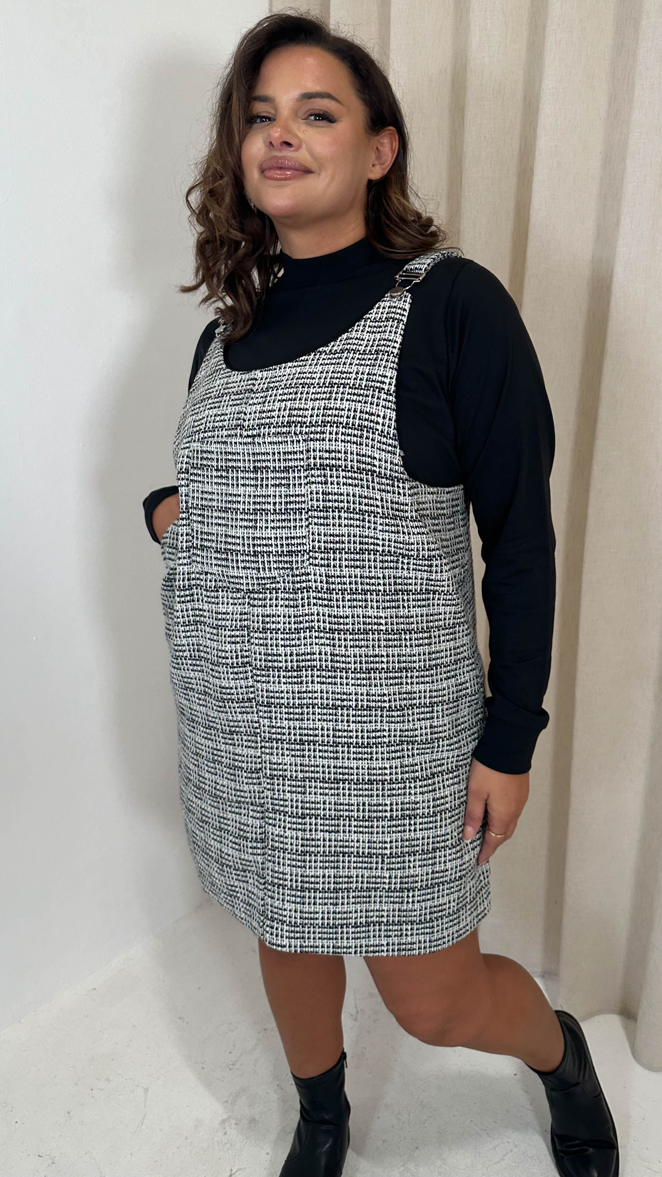 CurveWow Check Pinafore Dress Black & White
