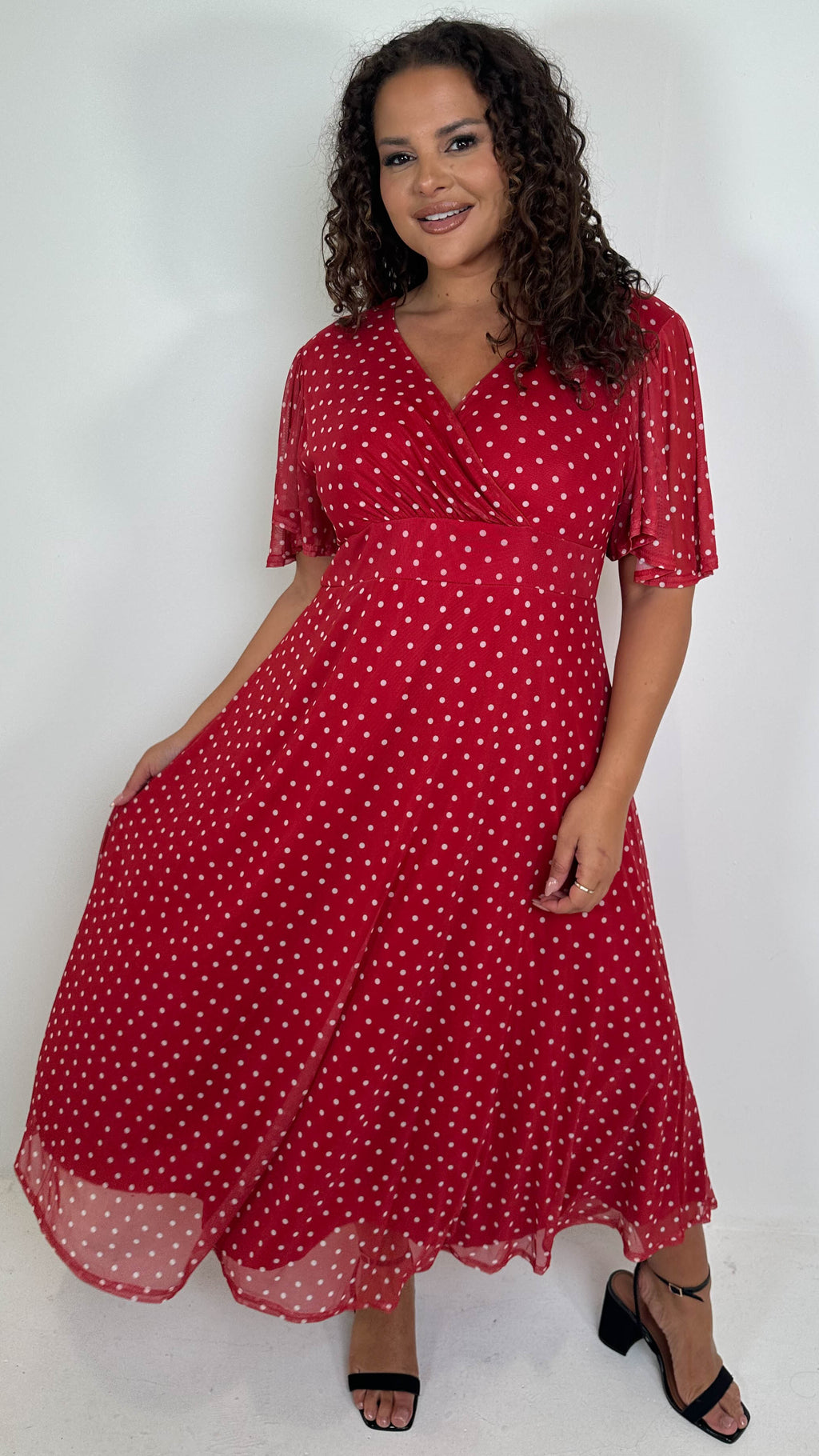 CurveWow Mesh Angel Sleeve Dress Red Spot